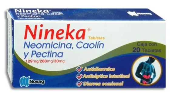NINEKA Neomicina, Caolín y Peptina Tableta 129mg/280mg/30mg Caja con 20 tabletas