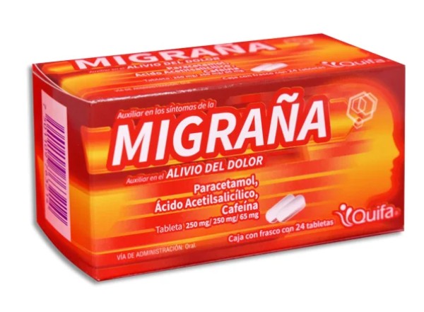 Paracetamol, Ácido Acetilsalicílico, Cafeína Tabletas 250mg/250mg/65mg Caja con frasco con 24 tabletas