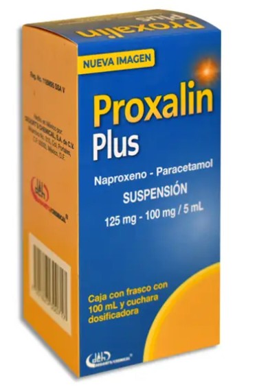 PROXALIN PLUS Naproxeno-Paracetamol Suspensión 125mg-100mg/5ml Caja con frasco con 100 ml y cuchara dosificadora