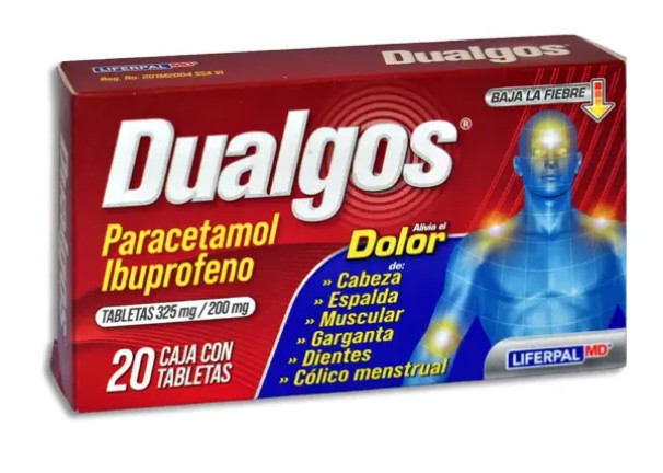 DUALGOS Paracetamol/Ibuprofeno Tabletas 325mg/200mg Caja con 20 tabletas