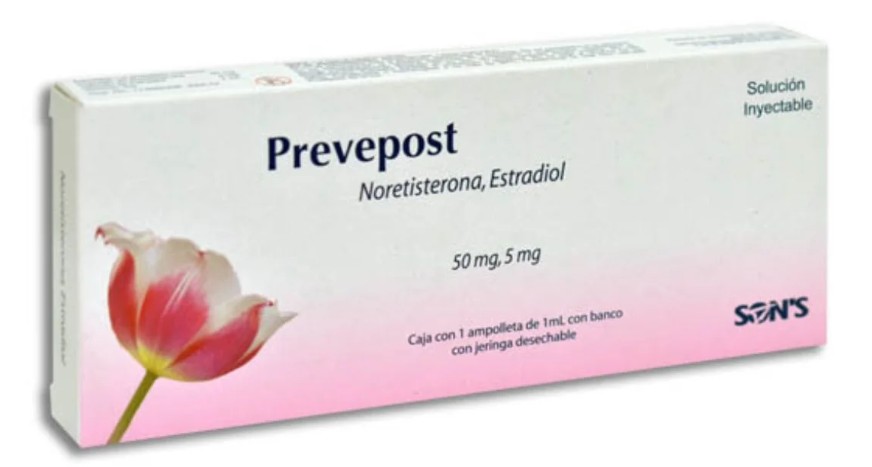 PREVEPOST Noretisterona, Estradiol Solución Inyectable 50mg-5mg Caja con 1 ampolleta de 1ml con banco con jeringa desechable