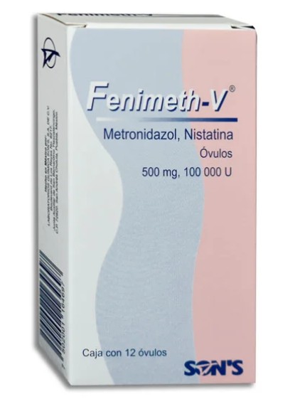 FENIMETH-V Metronidazol-Nistatina Óvulo 500mg-100,000UI Caja con 12 óvulos