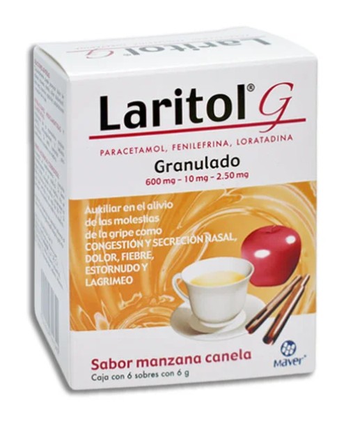 LARITOL G Paracetamol, Fenilefrina, Loratadina 600mg-10mg-2.5mg Granulado Sabor Manzana Canela Caja con 6 Sobres de 6 g