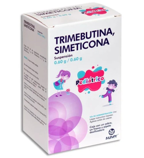Trimebutina / Simeticona Pediátrico Suspensión 0.60g/0.60g Caja con un sobre, frasco y pipeta dosificadora