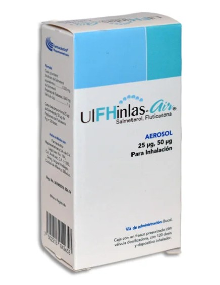 UIFHINLAS-AIR Salmeterol/Fluticasona Aerosol para inhalación 25mcg/50mcg Caja con un frasco presurizado con valvula dosificadora con 120dosis y dispositivo inhalador
