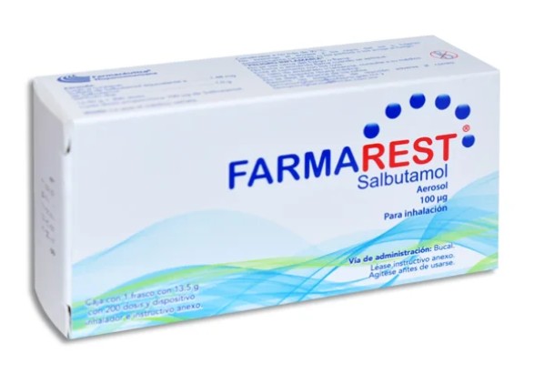 FARMAREST Salbutamol Aerosol para Inhalación 100 mcg Caja con un frasco con 13.5g con 200 dosis y dispositivo inhalador