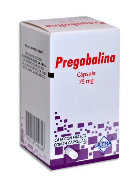 Pregabalina Cápsula 75mg Caja con frasco con 14 cápsulas