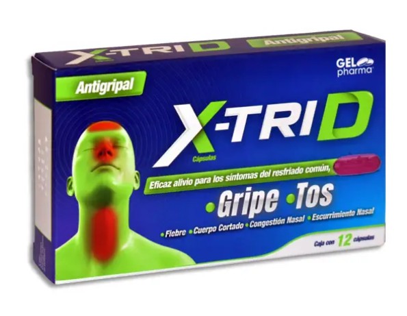 X-TRI D Dextrometorfano, Fenilefrina, Clorfenamina, Paracetamol Cápsula 15mg/5mg/2mg/250mg Caja con 12 cápsulas blandas
