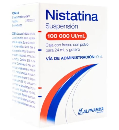 Nistatina Suspensión Oral 100 000 UI/ml Caja con frasco con polvo para 24 ml y gotero