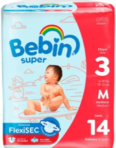 Pañal, Bebin Súper, Mediano, 14 Pz.