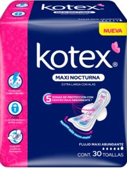 Toallas Femeninas Kotex Maxi Nocturna Extra Larga con Alas 30 Piezas